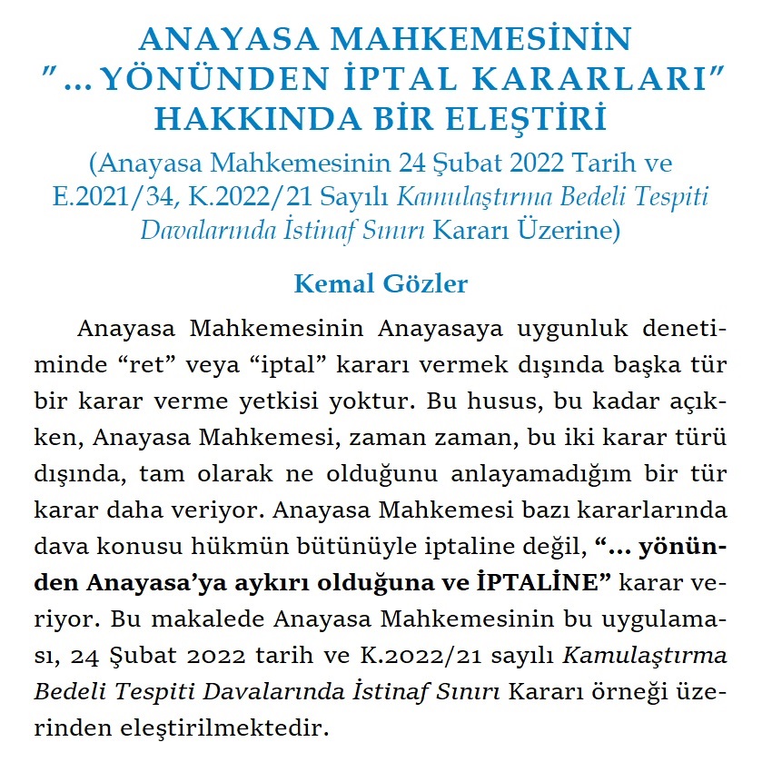 Anayasa Mahkemesinin Yönünden İptal Kararları Hakkında Bir Eleştiri